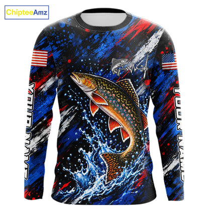 Brook Trout Fishing Shirt Custom US Flag Splash Water Long Sleeve Apparel NHT1708