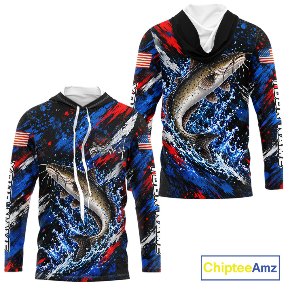 Catfish Fishing Shirt Custom US Flag Splash Water Long Sleeve Hooded Apparel NHT1709