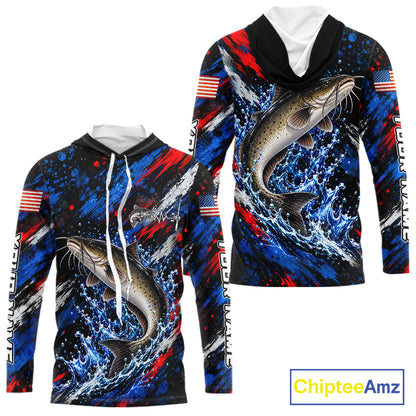 Catfish Fishing Shirt Custom US Flag Splash Water Long Sleeve Hooded Apparel NHT1709
