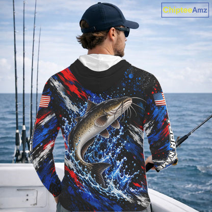 Catfish Fishing Shirt Custom US Flag Splash Water Long Sleeve Hooded Apparel NHT1709