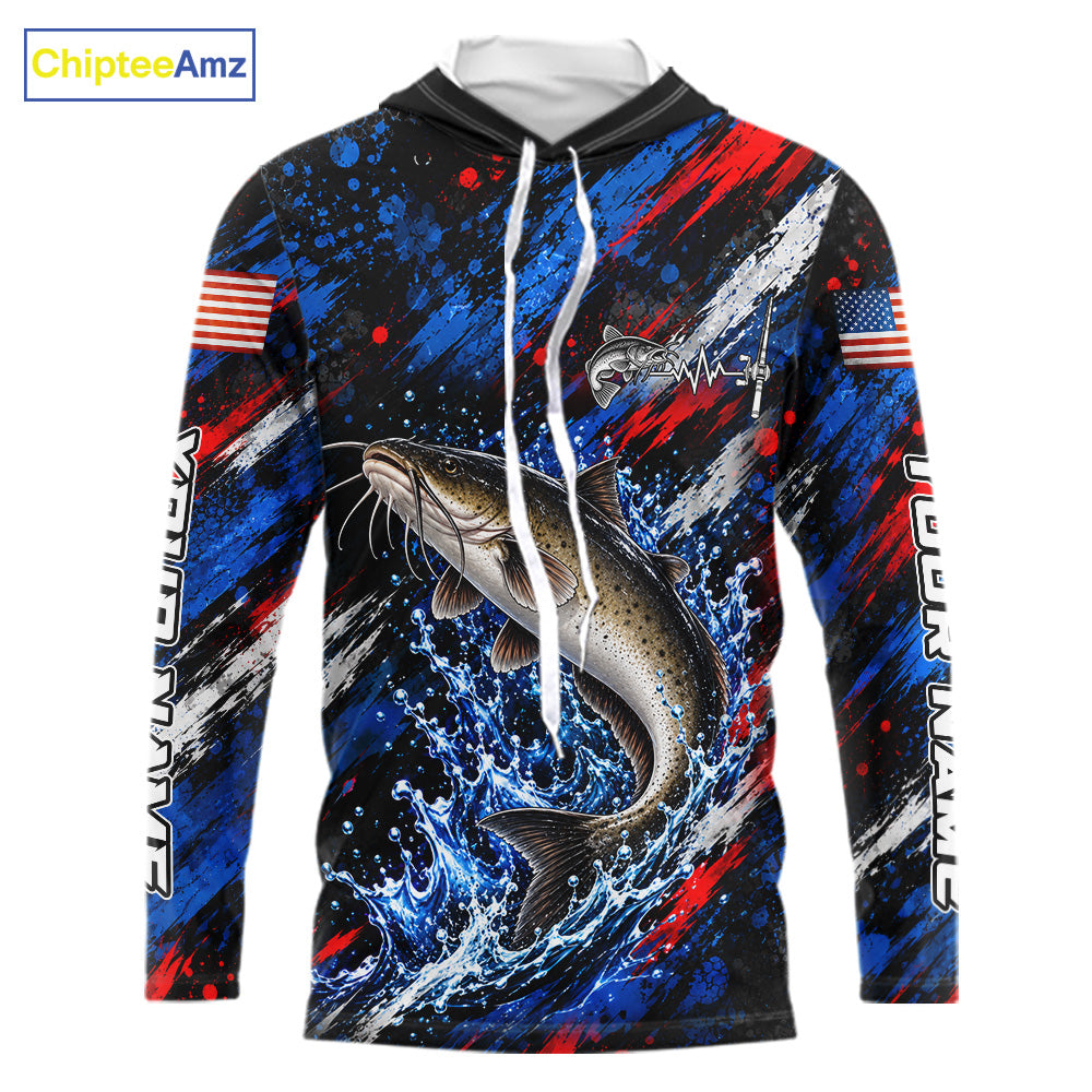 Catfish Fishing Shirt Custom US Flag Splash Water Long Sleeve Hooded Apparel NHT1709