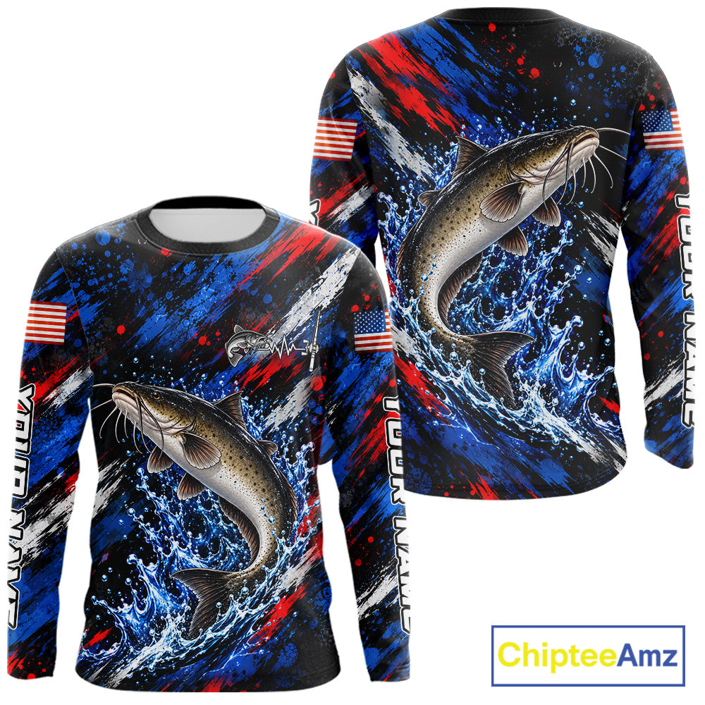 Catfish Fishing Shirt Custom US Flag Splash Water Long Sleeve Apparel NHT1709
