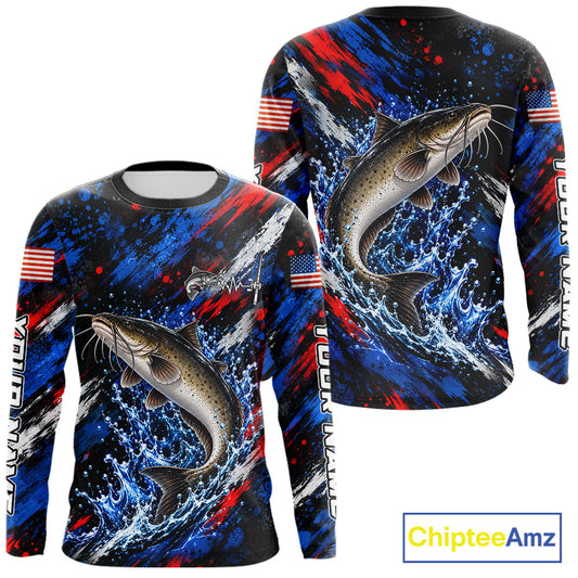 Catfish Fishing Shirt Custom US Flag Splash Water Long Sleeve Apparel NHT1709