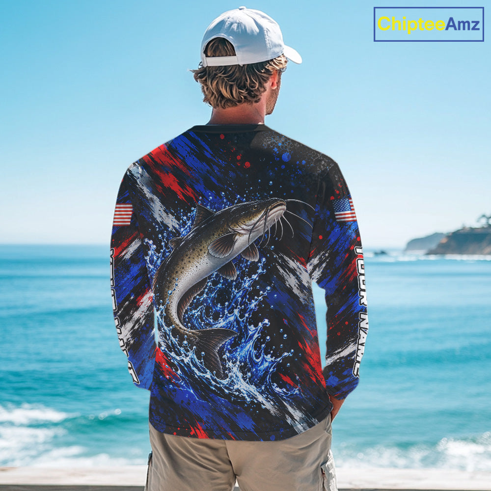 Catfish Fishing Shirt Custom US Flag Splash Water Long Sleeve Apparel NHT1709