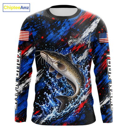 Catfish Fishing Shirt Custom US Flag Splash Water Long Sleeve Apparel NHT1709