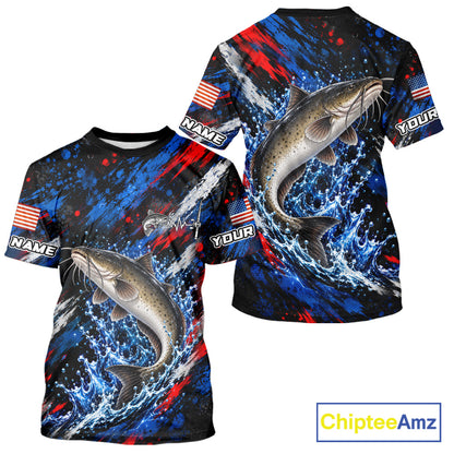 Catfish Fishing Shirt Custom US Flag Splash Water Short Sleeve Apparel NHT1709
