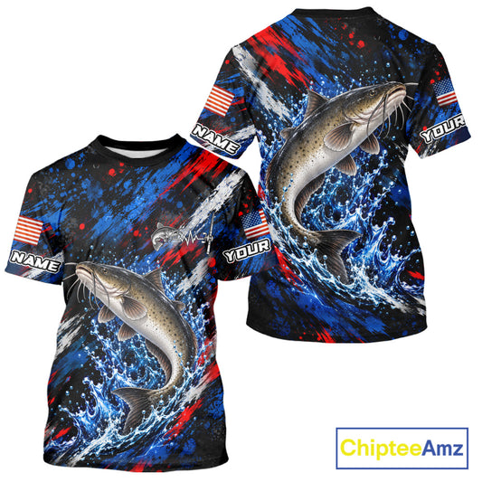 Catfish Fishing Shirt Custom US Flag Splash Water Short Sleeve Apparel NHT1709