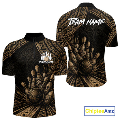 A short-sleeve quarter-zip performance shirt shown from both front and back, featuring a black base with an all-over gold tribal-inspired bowling graphic and customizable white text placeholders. A 'ChipteeAmz' logo is visible in the bottom right corner.