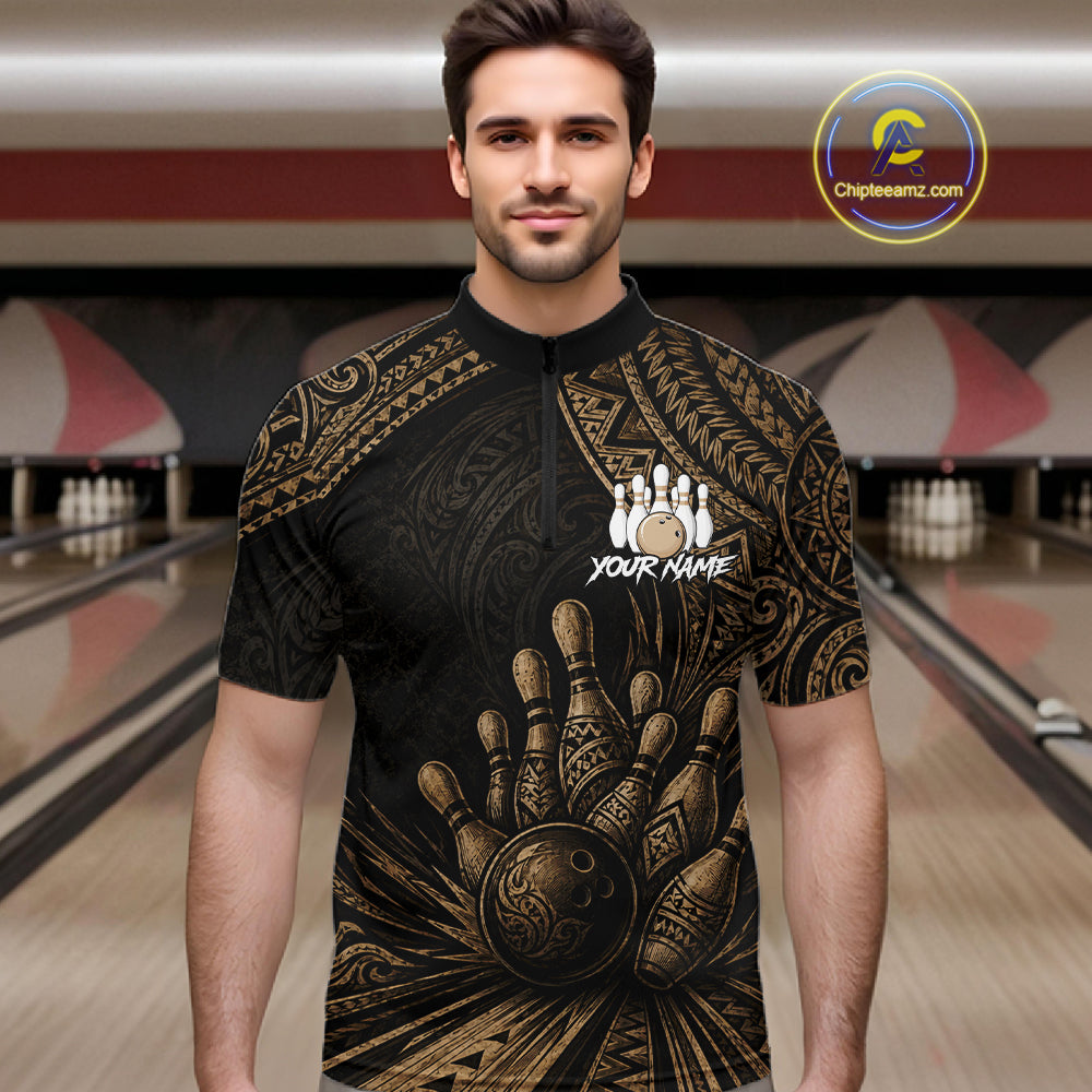 Custom Bowling League Shirt, Personalized Bowling Team Polo, Polynesian Tribal Bowling For Men|Brown NHT1232