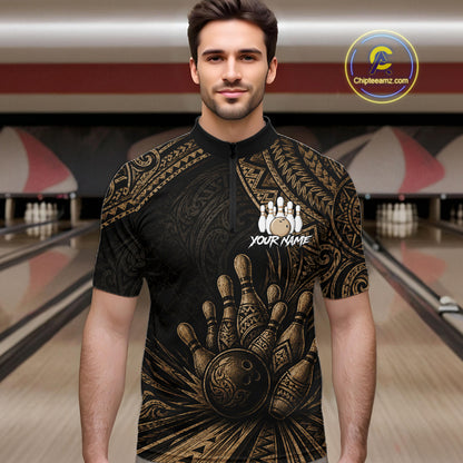 Custom Bowling League Shirt, Personalized Bowling Team Polo, Polynesian Tribal Bowling For Men|Brown NHT1232