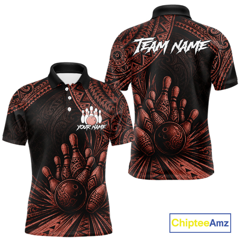 Custom short-sleeve polo shirt with a black and dark red tribal hand graphic featuring bowling pins and balls, shown in front and back views on a white background with a ChipteeAmz logo.
