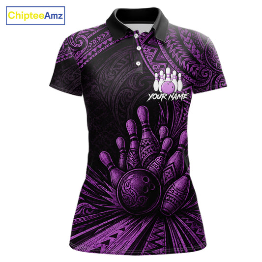 A women's short-sleeve polo shirt with a black and purple tribal-inspired bowling graphic, featuring bowling pins, balls, and a customizable name print on the front, shown on a white background with a ChipteeAmz logo in the top-left corner.