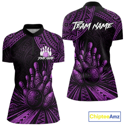 Front and back views of a women's short-sleeve bowling-themed polo shirt. The design features a black base with a purple tribal hand graphic containing bowling pins and balls, with 'TEAM NAME' and 'YOUR NAME' printed in white on the back and front chest respectively.