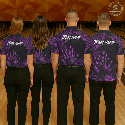 Custom Bowling League Shirt, Personalized Bowling Team Polo, Polynesian Tribal Bowling For Men|Purple NHT1234