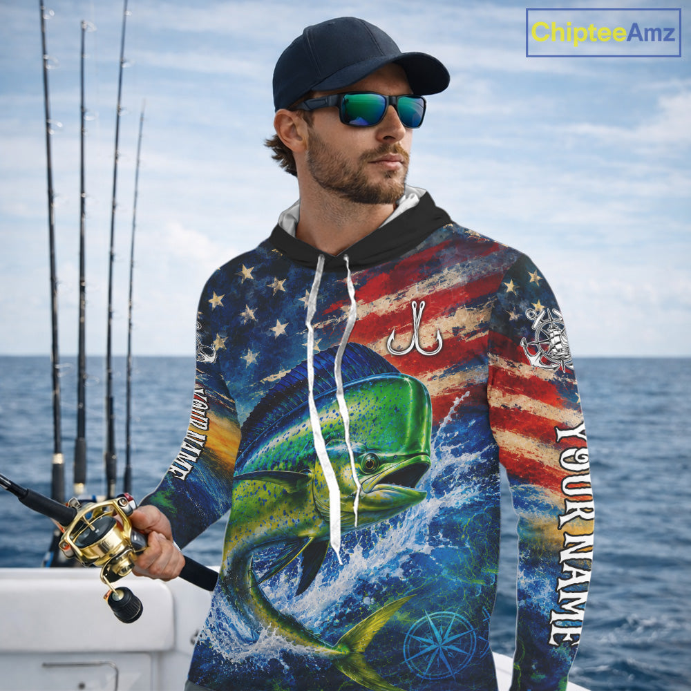 Mahi Mahi Fishing Shirt American Flag 3D All Over Print Long Sleeve Hooded Performance Apparel For Men NHT1087