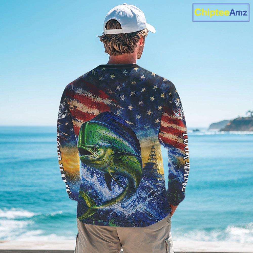 Mahi Mahi Fishing Shirt American Flag 3D All Over Print Long Sleeve Performance Apparel For Men NHT1087