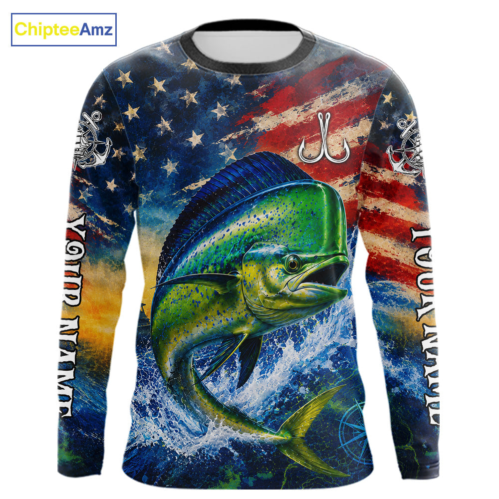 Mahi Mahi Fishing Shirt American Flag 3D All Over Print Long Sleeve Performance Apparel For Men NHT1087
