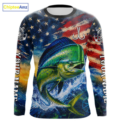 Mahi Mahi Fishing Shirt American Flag 3D All Over Print Long Sleeve Performance Apparel For Men NHT1087