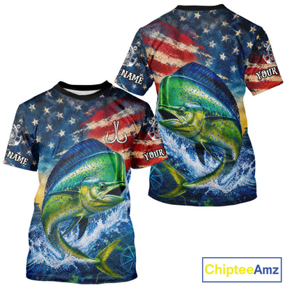 Mahi Mahi Short Sleeve T-Shirt American Flag 3D All Over Print Long Sleeve Performance Apparel For Men 