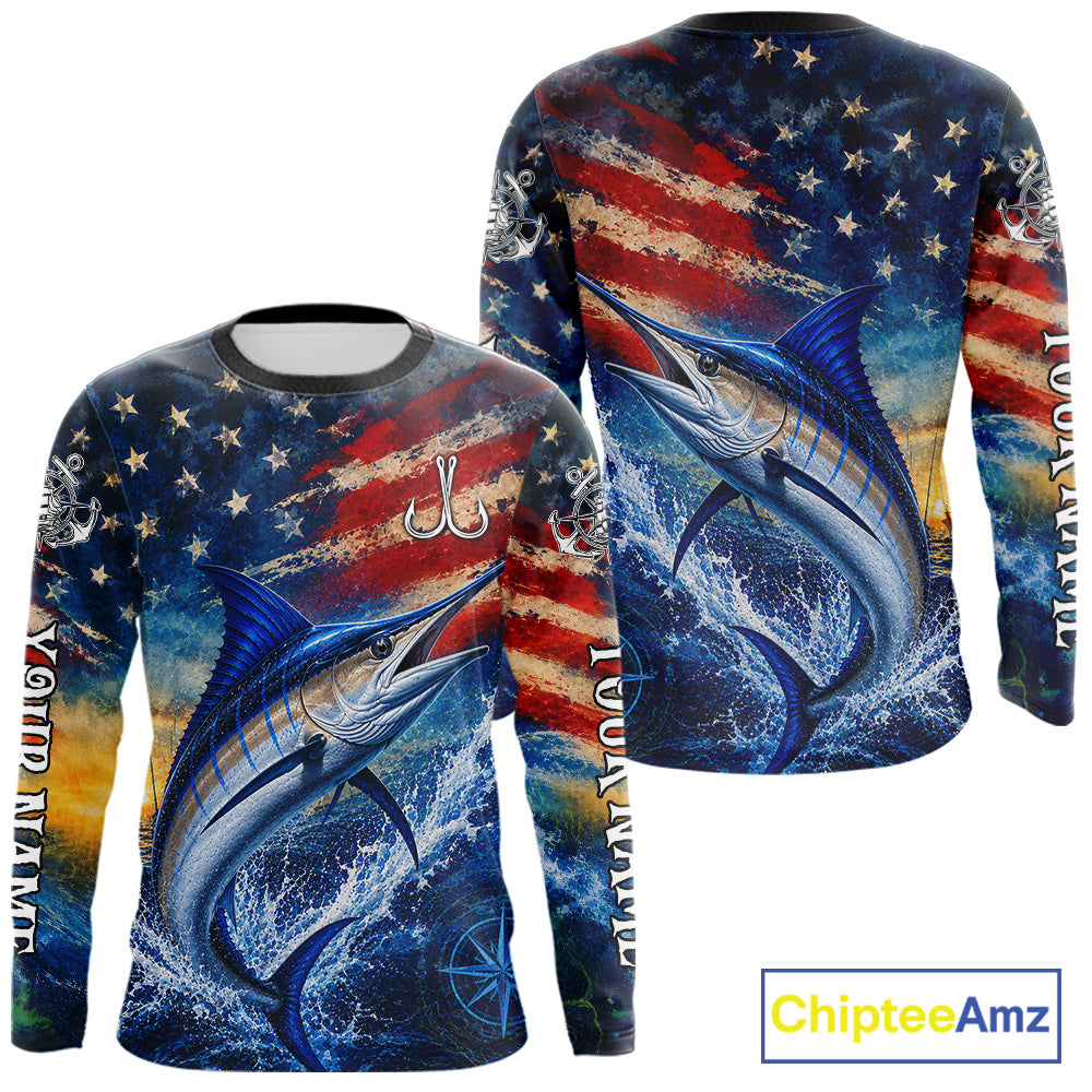 Marlin Fishing Shirt American Flag 3D All Over Print Long Sleeve Performance Apparel For Men NHT1088