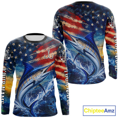 Marlin Fishing Shirt American Flag 3D All Over Print Long Sleeve Performance Apparel For Men NHT1088