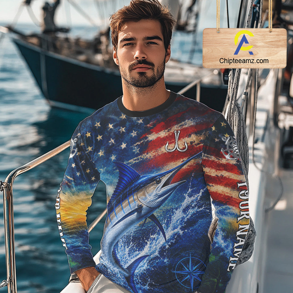 Marlin Fishing Shirt American Flag 3D All Over Print Long Sleeve Performance Apparel For Men NHT1088