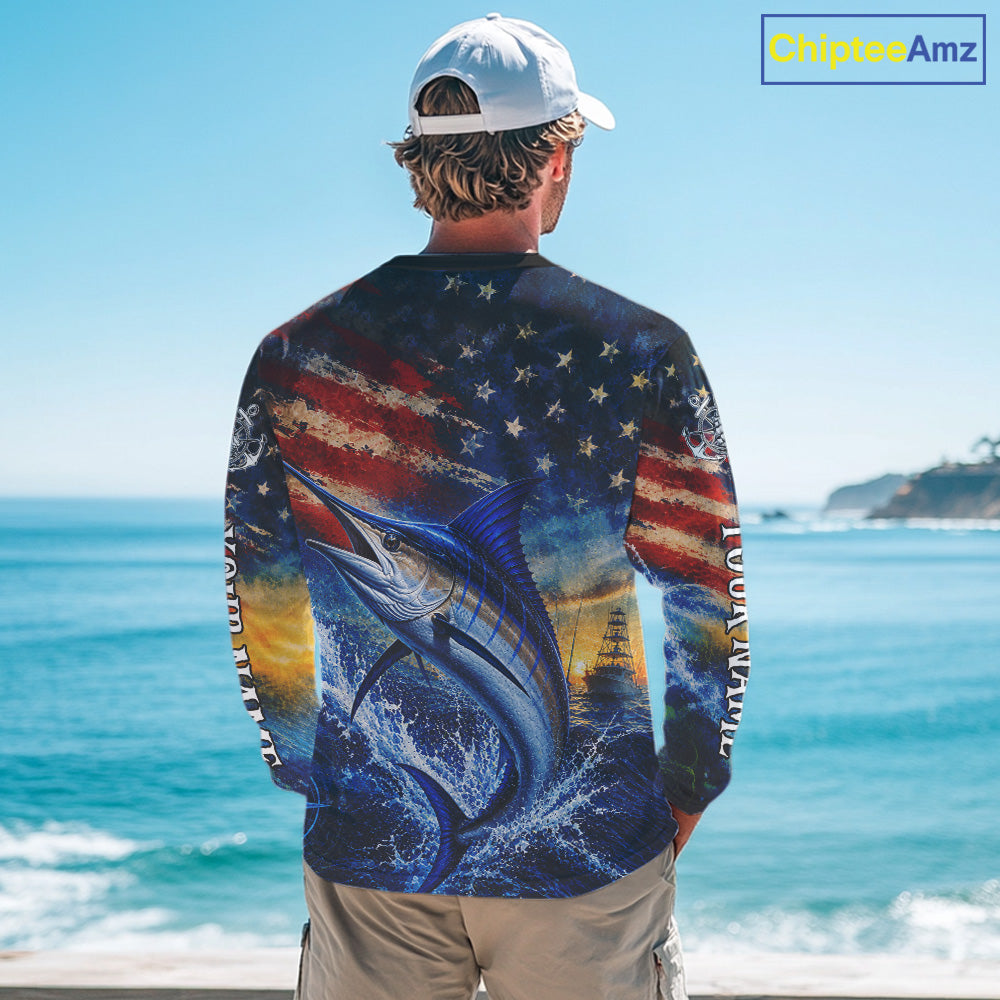 Marlin Fishing Shirt American Flag 3D All Over Print Long Sleeve Performance Apparel For Men NHT1088