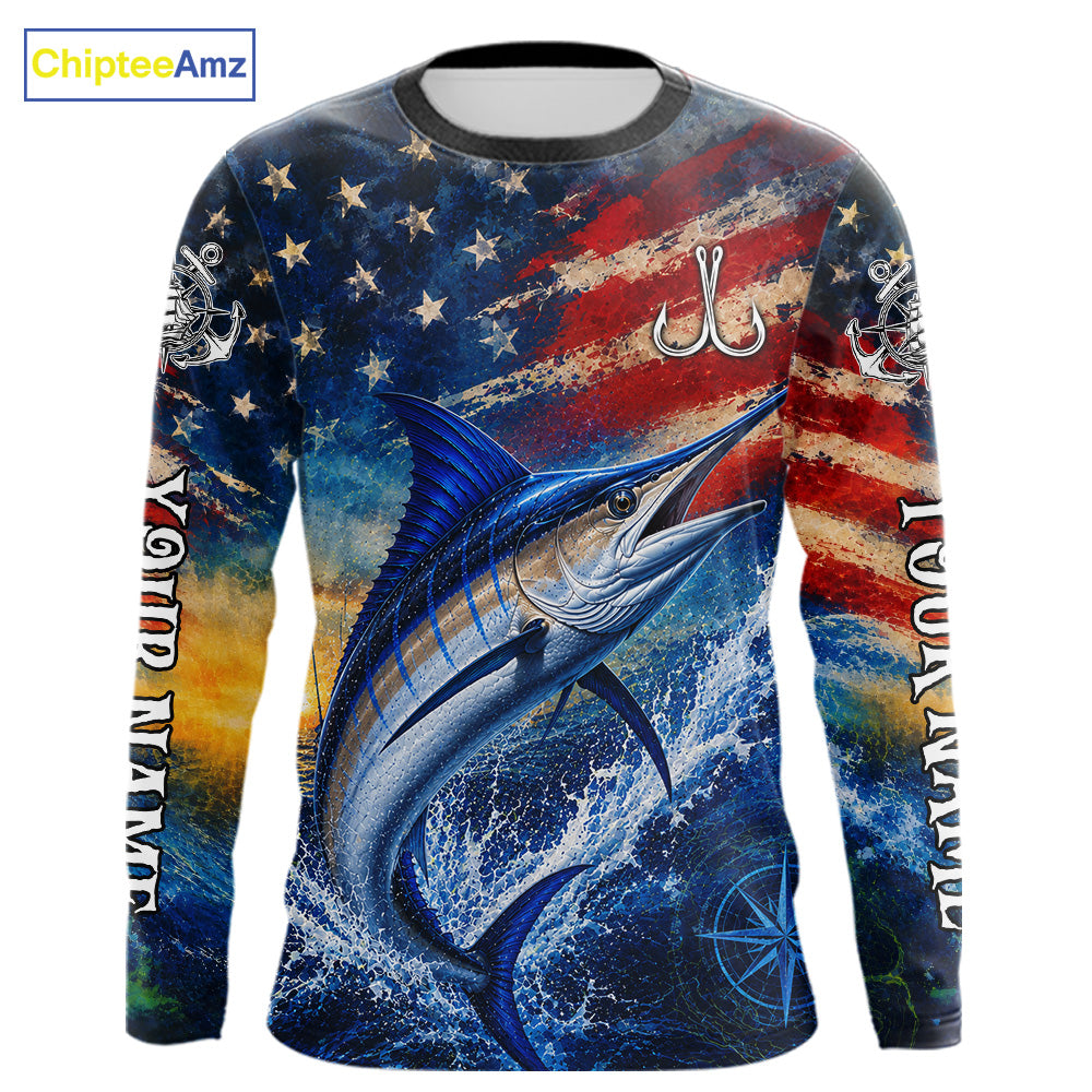 Marlin Fishing Shirt American Flag 3D All Over Print Long Sleeve Performance Apparel For Men NHT1088