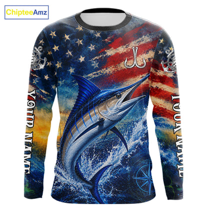 Marlin Fishing Shirt American Flag 3D All Over Print Long Sleeve Performance Apparel For Men NHT1088