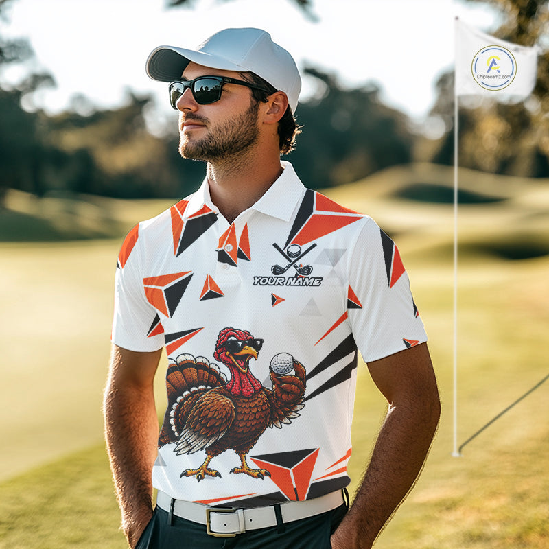 Custom Turkey Orange Black Geometric Men Golf Polo Shirt, Funny Thanksgiving Golf Team Shirt NHT1408