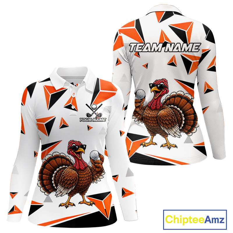 Custom Turkey Orange Black Geometric Women Golf Polo Shirt, Funny Thanksgiving Golf Team Shirt NHT1408