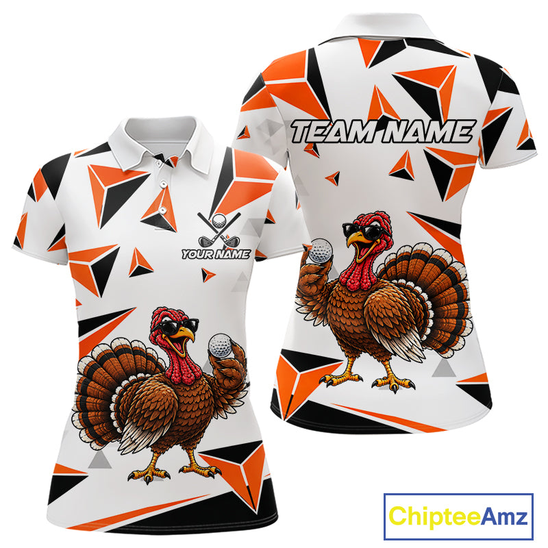Custom Turkey Orange Black Geometric Women Golf Polo Shirt, Funny Thanksgiving Golf Team Shirt NHT1408