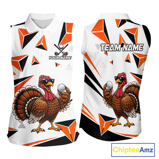 Custom Turkey Orange Black Geometric Women Sleeveless Golf Polo Shirt, Funny Thanksgiving Golf Team Shirt NHT1408