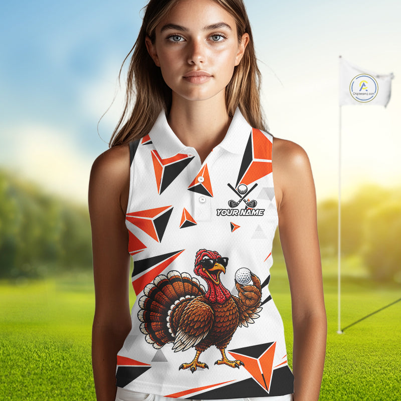 Custom Turkey Orange Black Geometric Women Sleeveless Golf Polo Shirt, Funny Thanksgiving Golf Team Shirt NHT1408