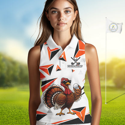 Custom Turkey Orange Black Geometric Women Sleeveless Golf Polo Shirt, Funny Thanksgiving Golf Team Shirt NHT1408
