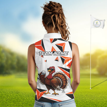 Custom Turkey Orange Black Geometric Women Sleeveless Golf Polo Shirt, Funny Thanksgiving Golf Team Shirt NHT1408