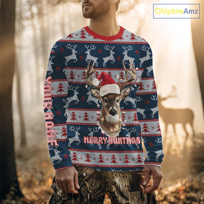Funny Ugly Sweater Pattern Deer Hunting Customized Name All Over Print Shirts Christmas Shirt NHT305