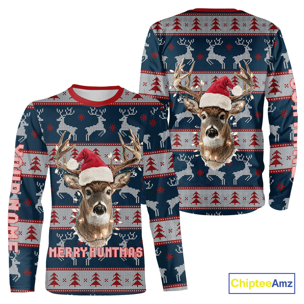 Funny Ugly Sweater Pattern Deer Hunting Customized Name All Over Print Shirts Christmas Shirt NHT305