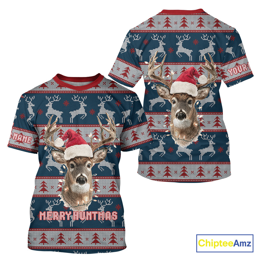Funny Ugly Sweater Pattern Deer Hunting Customized Name All Over Print Shirts Christmas Shirt NHT305