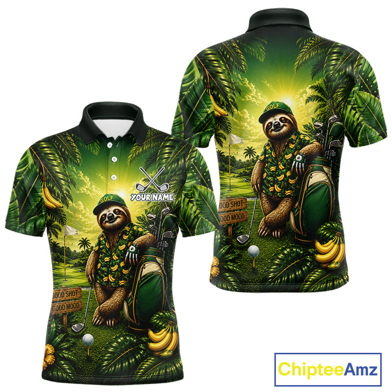 Custom Green Funny Sloth Tropical Mens Golf Polo Shirts, Golf Tournament Jersey For Men NHT927