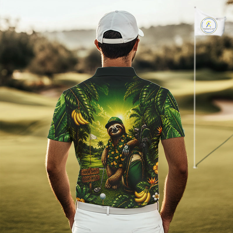 Custom Green Funny Sloth Tropical Mens Golf Polo Shirts, Golf Tournament Jersey For Men NHT927