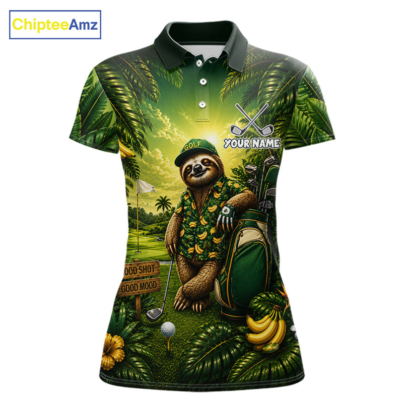 Custom Green Funny Sloth Tropical Womens Golf Polo Shirts, Golf Team Jersey For Women NHT927