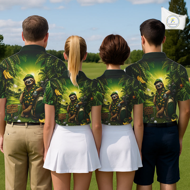 Custom Green Funny Sloth Tropical Womens Golf Polo Shirts, Golf Team Jersey For Women NHT927