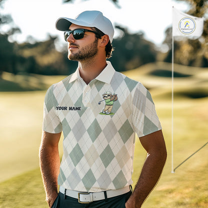Personalized Sloth Golfer Polo Shirt Funny Golf Argyle Pattern Custom Name Golf Lover Gift 