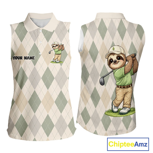 Personalized Sloth Womens Sleeveless Golf Polo Shirt Funny Golf Argyle Pattern Custom Name Golf Lover Gift