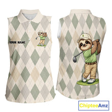 Load image into Gallery viewer, Personalized Sloth Womens Sleeveless Golf Polo Shirt Funny Golf Argyle Pattern Custom Name Golf Lover Gift