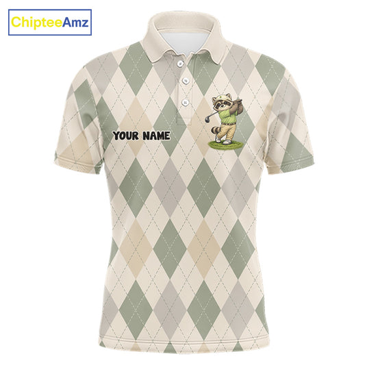 Personalized Raccoon Golfer Polo Shirt Funny Golf Argyle Pattern Custom Name Golf Lover Gift 