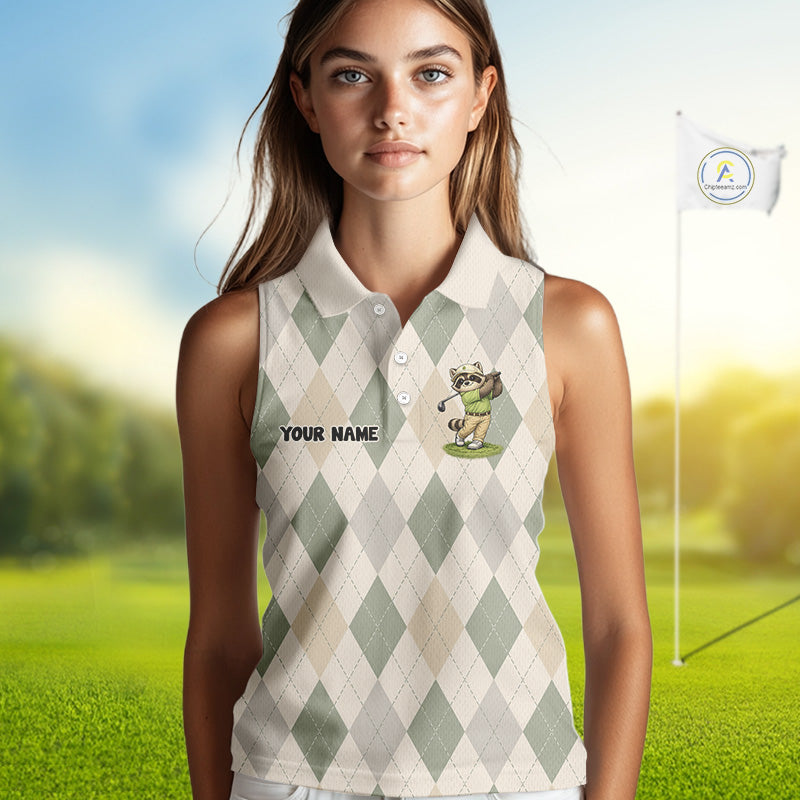 Personalized Raccoon Womens Sleeveless Golf Polo Shirt Funny Golf Argyle Pattern Custom Name Golf Lover Gift 