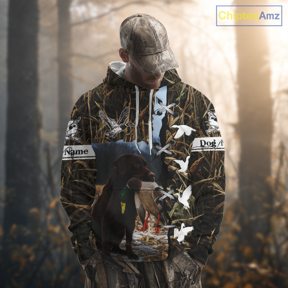 Brown Camo Duck Hunting With Chocolate Lab Dog 3D All Over Printed Shirts, Dog Hunting Clothes NHT143