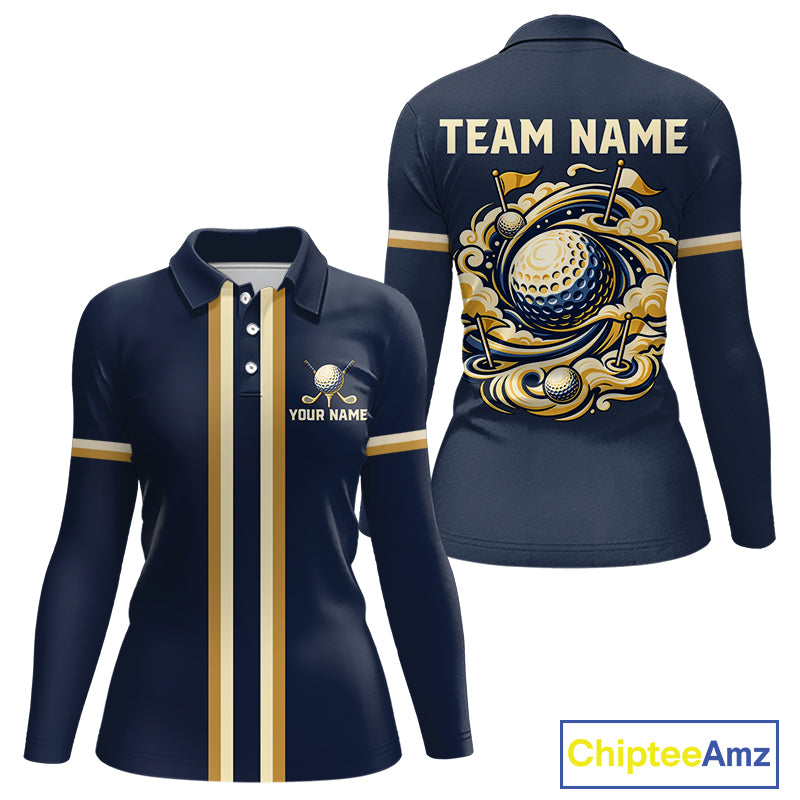 Personalized Women Golf Polo Shirt Retro Design Custom Name Team Golf Shirt, Golfing Gift| Navi NHT1553